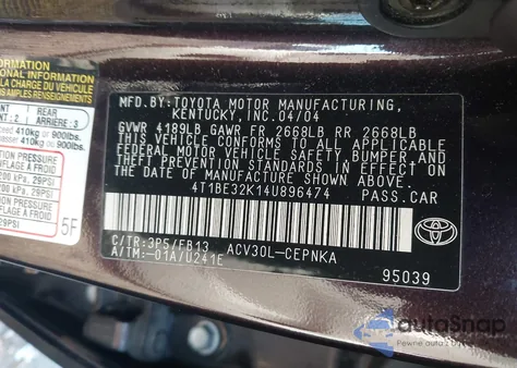 2004 Toyota Camry Le from USA, damaged, VIN 4T1BE32K14U896474